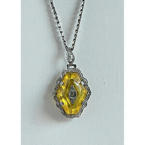 Vintage Art Deco Sterling Silver Yellow Faceted Glass Pendant Necklace 1930s